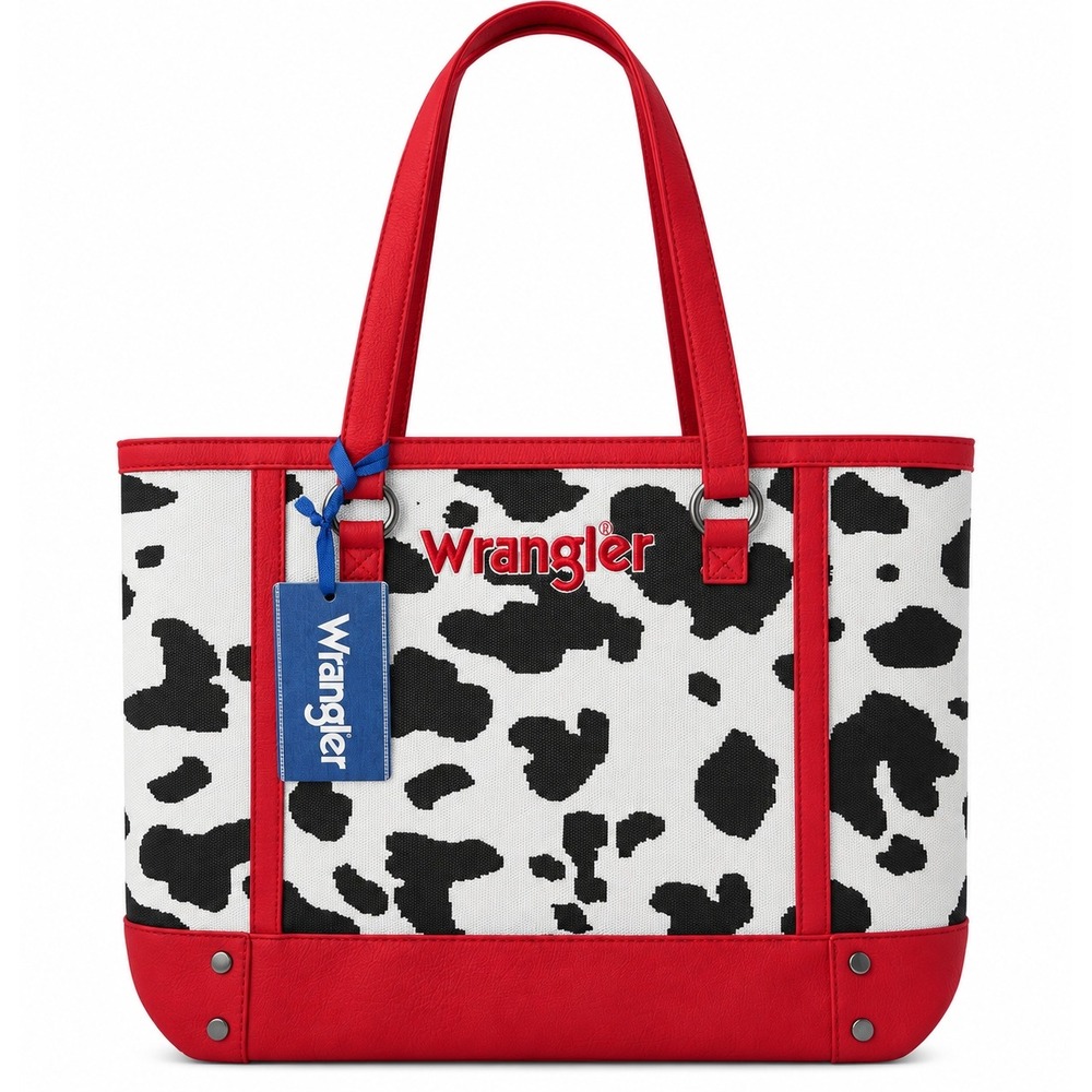 Wrangler Cow Print Canvas Tote Bag Red Faux Leather Trim Western Carryall NWT